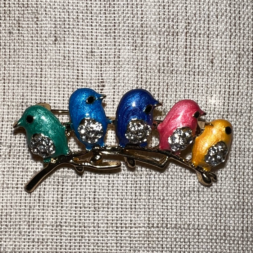 Colorful Rhinestones Accent 5-Mini Birds On Branch Goldtone Brooch